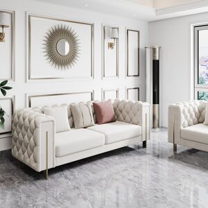 Homary Taree 86.6" Modern Velvet Upholstered Sofa 2-Seater Sofa White Tufted Sofa
