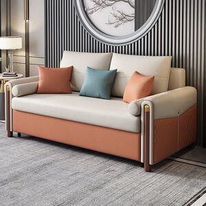 Homary 59" White & Orange Sleeper Sofa Convertible Sofa Leath-Aire Upholstery