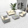 Homary 4 Pieces Outdoor Sectional Sofa Set with Webbing Seats and Cushions in Beige & Gray