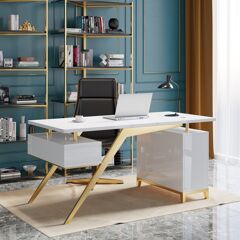 Homary Hungled 55" Ultra Modern White and Gold Computer Writing Desk with Storage & Drawer