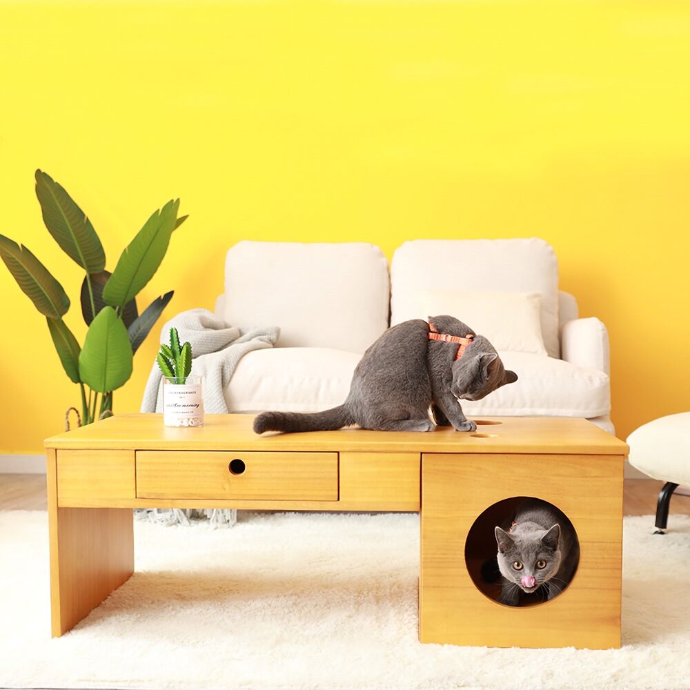 Homary Natural Rectangular Coffee Table with Drawer & Cat Condos