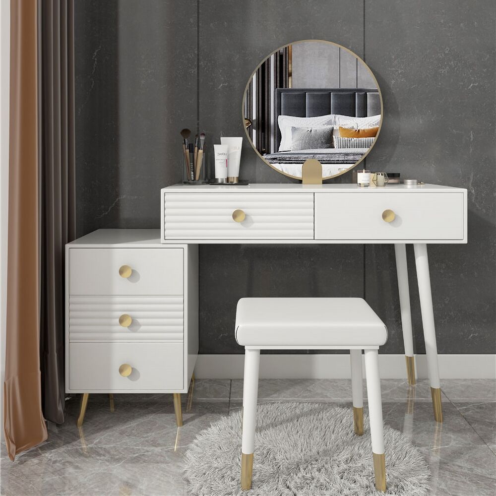 Homary Modern Makeup Vanity Desk Vanity Set with Mirror & Stool Dresser Table with 5 Drawers