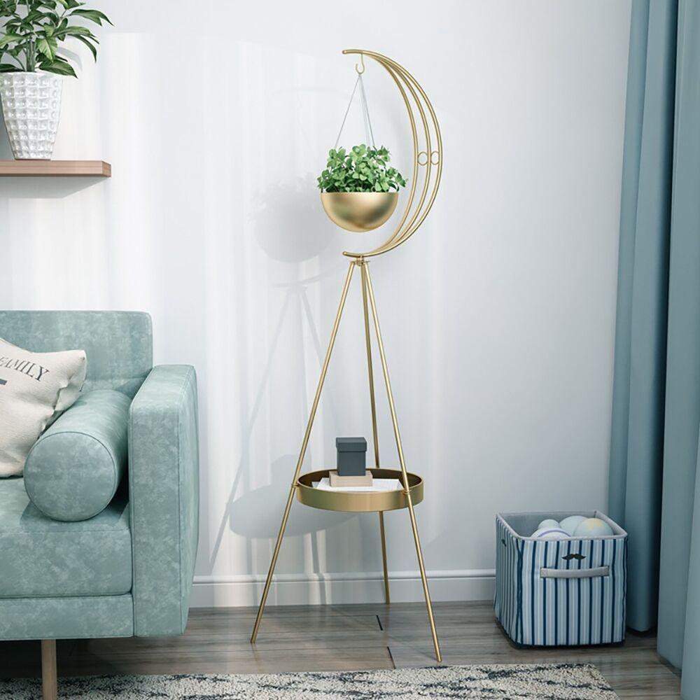 Homary Half-Moon Plant Stand with Shelf in Gold Modern End Table