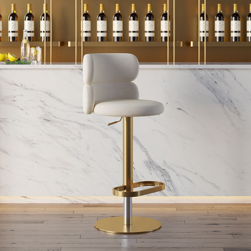 Homary Swivel Bar Stool for Kitchen Island Curved Back Beige Velvet Adjustable Height in Gold