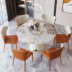 Homary White Round Sintered Stone Dining Table Golden Stainless Steel Pedestal Base
