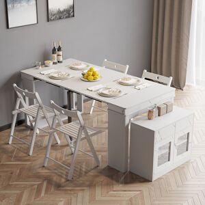 Homary Modern White Extendable Dining Table Set Rectangle Storage Sideboard with 4 Chairs