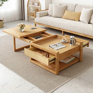 Homary Japandi Wooden Folding Coffee Table Set Dining Table Rattan Nesting Accent Table