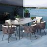 Homary 7 Pieces Outdoor Dining Set with Faux Marble Top & Aluminum Table and Rope Woven Chair