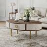 Homary Mid Century Modern Shagreen Oval Coffee Table in Walnut & Gray & Gold with Storage