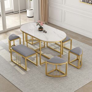 Homary Dining Table Set 59.1" Oval Faux Marble Dining Table with 6 Chairs Affordable Luxury Modern