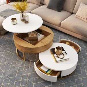 Homary Nesnesis Modern Round Lift-top Nesting Wood Coffee Tables with 2 Drawers White & Natural