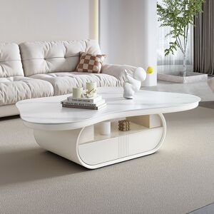 Homary Cloud Coffee Table Wood Irregular Sintered Stone Top in White with Drawer Storage