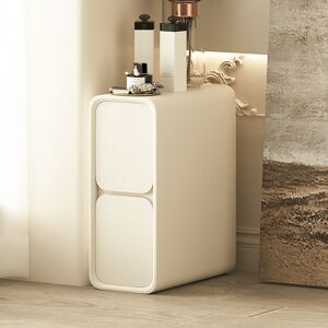 Homary Modern Narrow Off-White Nightstand 2-Drawer Small Bedside Table with PU Leather Set of 2