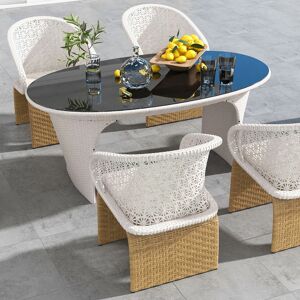 Homary 5 Pieces Oval Glass Table Outdoor Dining Set with Rattan Armchair for 4 Person