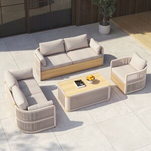 Homary 4 PCS Modern Aluminum & Rope Outdoor Swivel Sofa Set with Coffee Table in Khaki for 6 People, Modern Wood Outdoor & Yard Rope Sofa Set