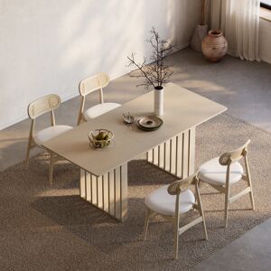Homary Dining Table Set 55"-87" Rectangle Extendable Whitewash Dining Table & 4 Wood Rattan Dining Chairs