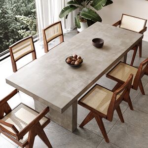 Homary Dining Table Set 71" Rectangular Farmhouse Gray Dining Table & 6 Walnut Japandi Rattan Dining Chairs