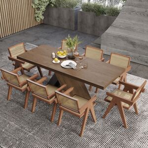 Homary Dining Table Set 61"-79" Rectangle Extendable Dining Table & 8 Archic Japandi Rattan Dining Chairs