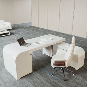 Homary 63.0" White L-shaped Modern Executive Desk Right Hand & Reclining Leather Office Chair
