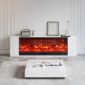 Homary 70.9" Modern White Marble Veneer Sintered Stone Electric Fireplace TV Stand with Remote Control Temperature Adjustable & Square Coffee Table Set
