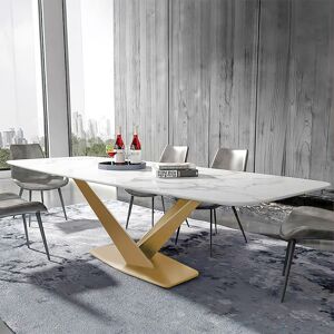 Homary 63" Modern White Faux Marble Rectangular Dining Table with Stainless Steel X-Base