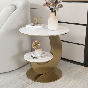 Homary Round Faux Marble 2 Tier End Table Modern White & Gold Side Table