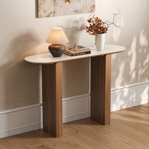 Homary Vintage Wood Console Table in Brown Travertine Oval Entryway Table (47" Wide)