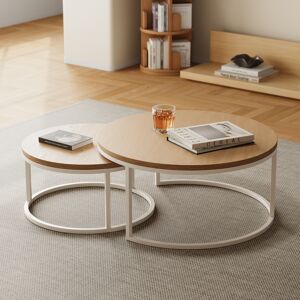 Homary Fero Round Nesting Coffee Table Set of 2, Light Oak Top & White Metal Frame, Modern Scandinavian Style, for Living Spaces, (800mm-600mm)
