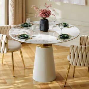 Homary 39" Sintered Stone Round Dining Table with Saddle Leather Base Seats 2-4 People