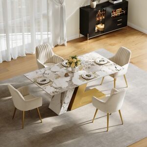 Homary 63" Rectangle Modern Sintered Stone Top Dining Table for 6 Stainless Steel Base in Gold
