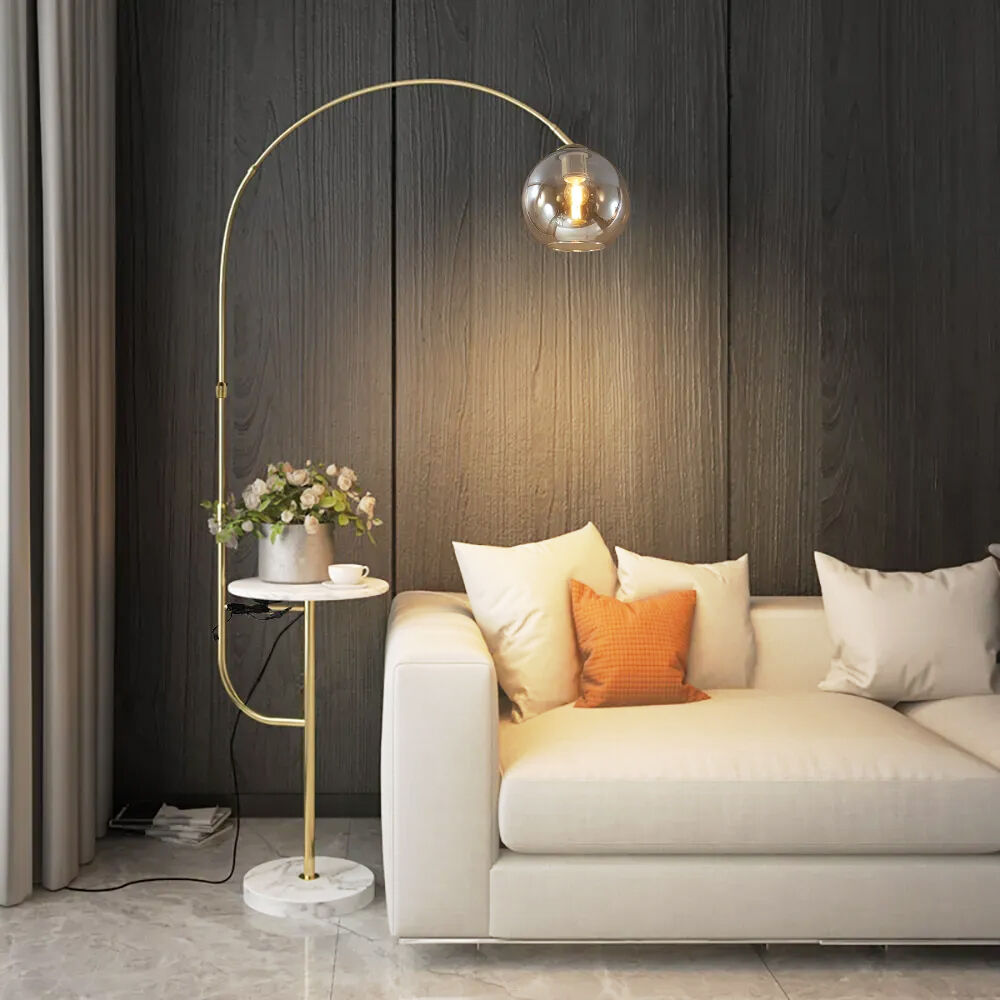 Homary Modern Arc Floor Lamp with Shelf & Wireless Charger & USB Charging Port