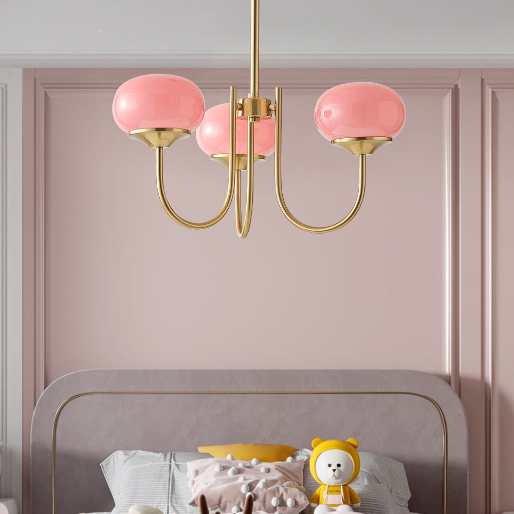 Homary 3-Light Modern Gold Chandelier Pendant Light with Pink Glass Globe Lamp Shade Decor