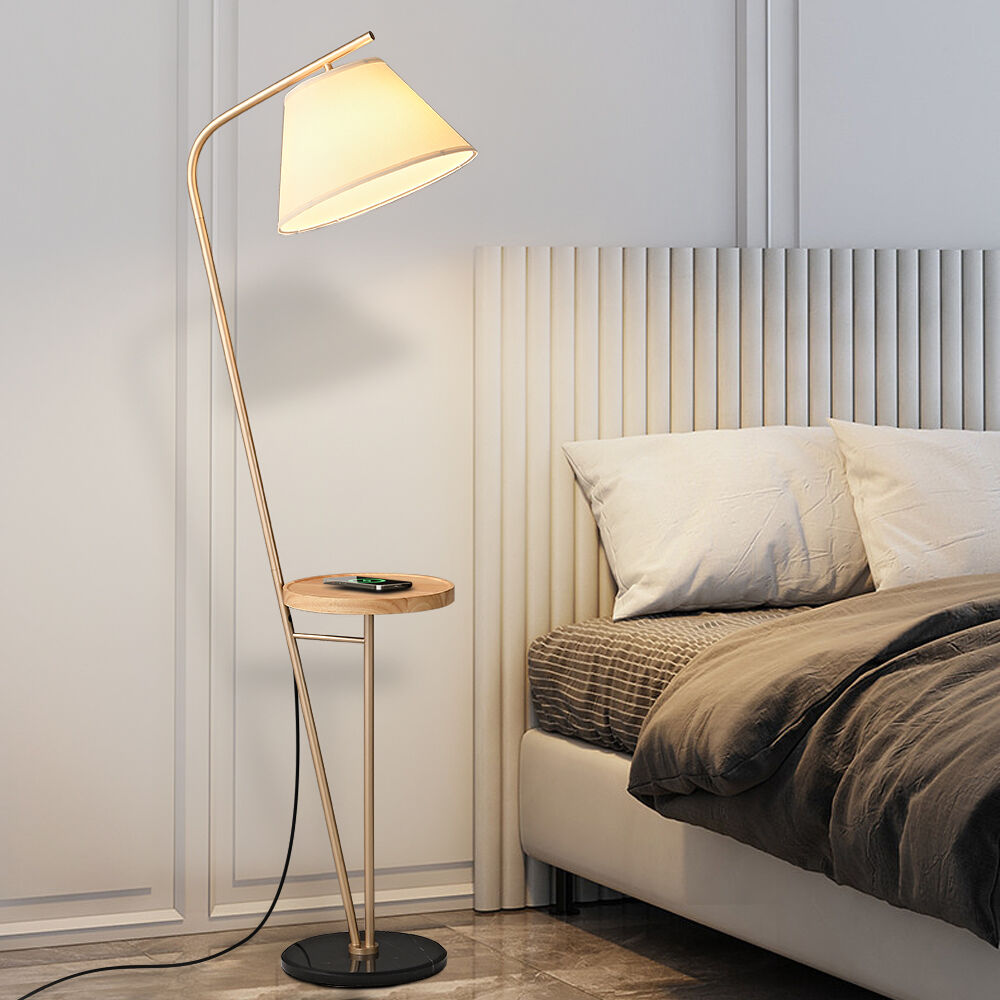 Homary Champagne Gold Floor Lamp End Table with Linen Shade Wireless Charger & USB Port