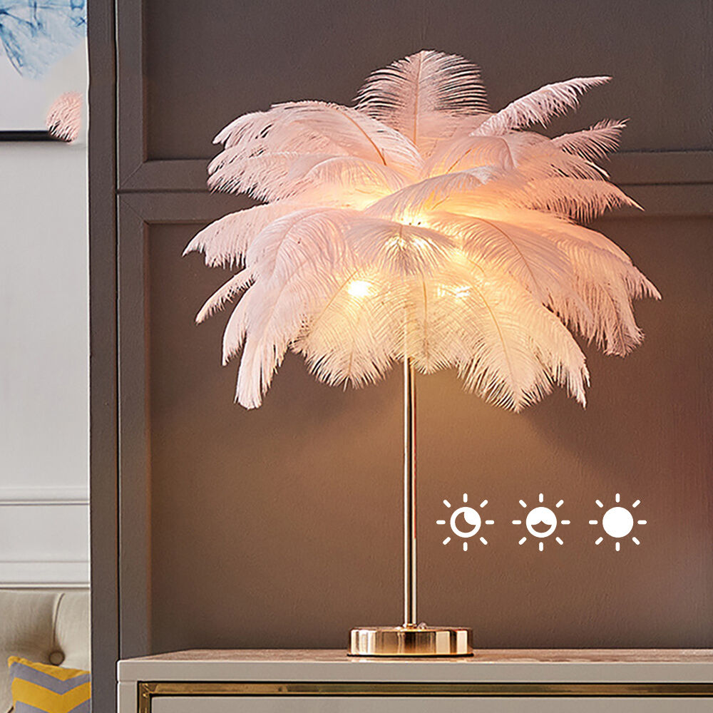 Homary Loftus Art Deco Dimmable Table Lamp Gold Portable Lamp with Pink Feather & USB Charging
