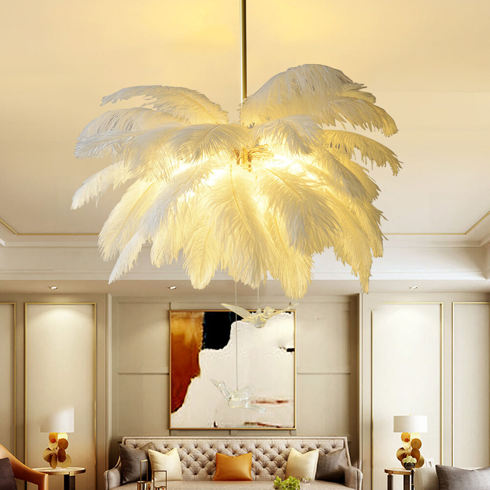 Homary Loftus Art Deco 5-Light Chandelier White Feather Pendant Light LED Lamp Living Room