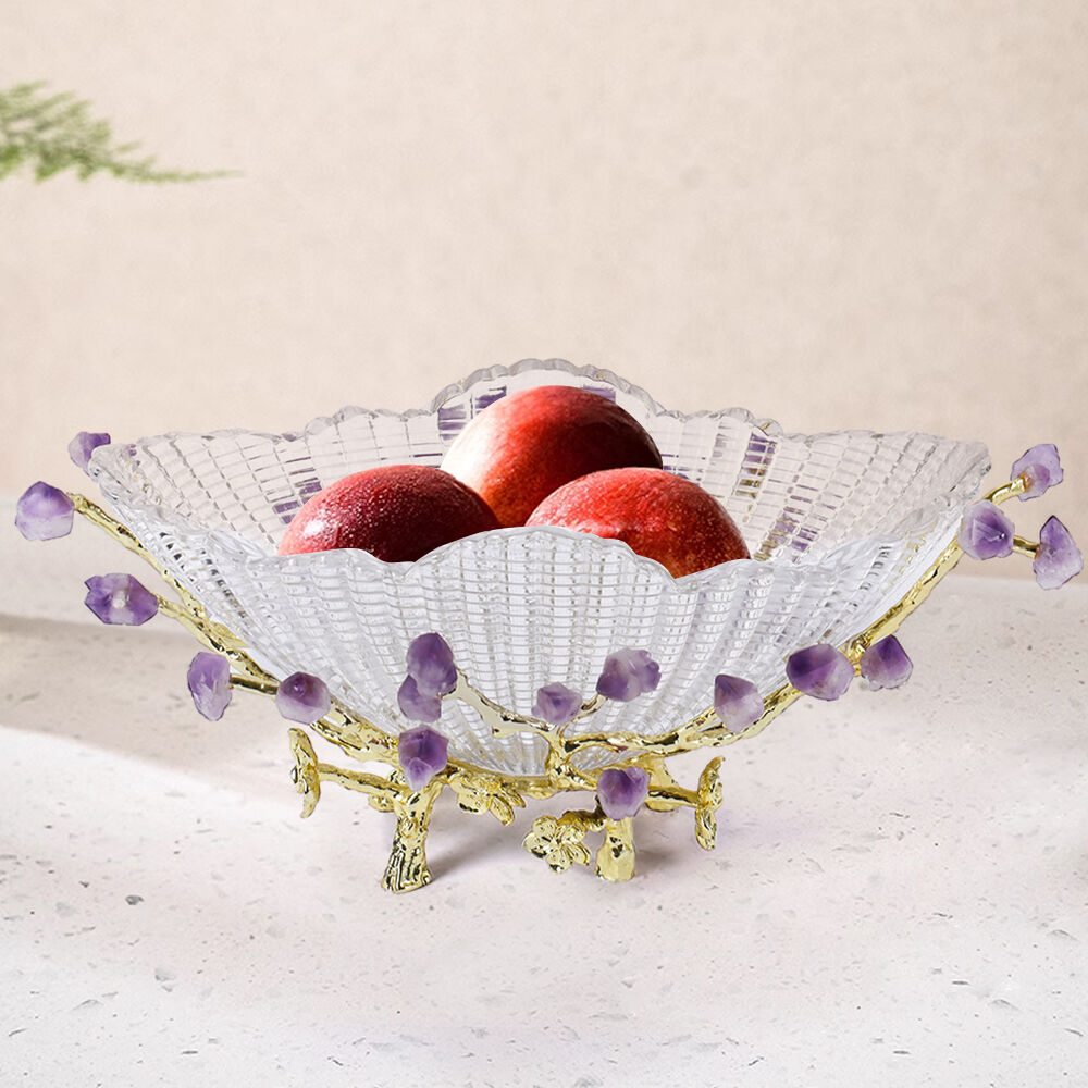 Homary Glass Branch Fruit Bowl Basket Decor Serving Tray in Gold & Purple