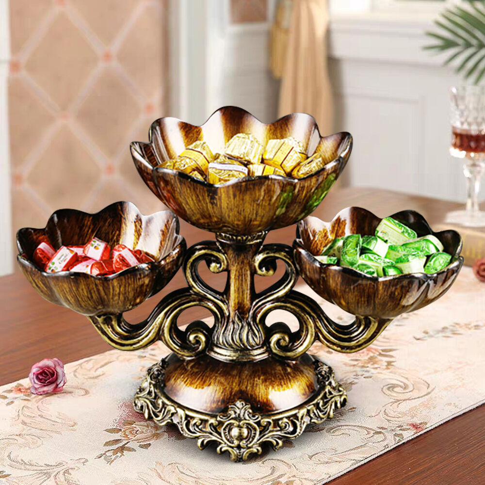 Homary 3 Tiered Resin Fruit Basket Bow Vintage Brown Snack Tray Home Decoration