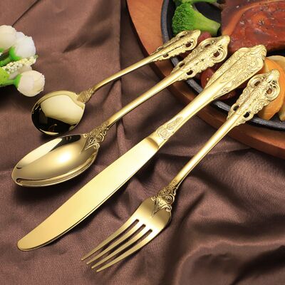 Homary Vintage Gold Engraved Cutlery Set Service for 12 Stainless Steel Flatware 48Pc Set Homary Vintage Gold Engraved Cutlery Set Service for 12 Stainless Steel Flatware 48Pc Set