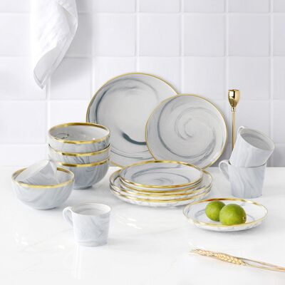 Homary Modern Dinnerware with Mugs 16-Piece White&Gray Ceramic Dinnerware Gold Rim Homary Modern Dinnerware with Mugs 16-Piece White&Gray Ceramic Dinnerware Gold Rim