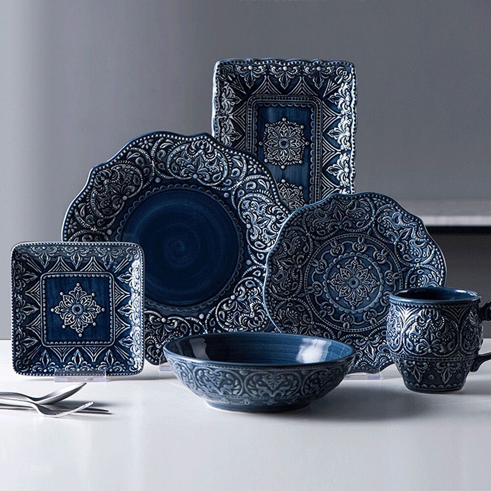 Homary 6-Piece Dinnerware Sets Service for One Person European Ceramic Blue Dinnerware Set