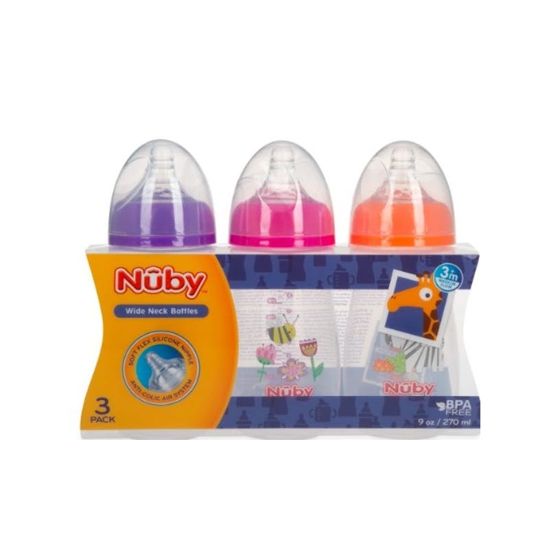Nuby Wide Neck Bottles - 3 Count  Anti-Colic Air System  Medium ffow
