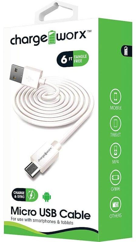 Tangle-Free Micro USB Cables - White  6'