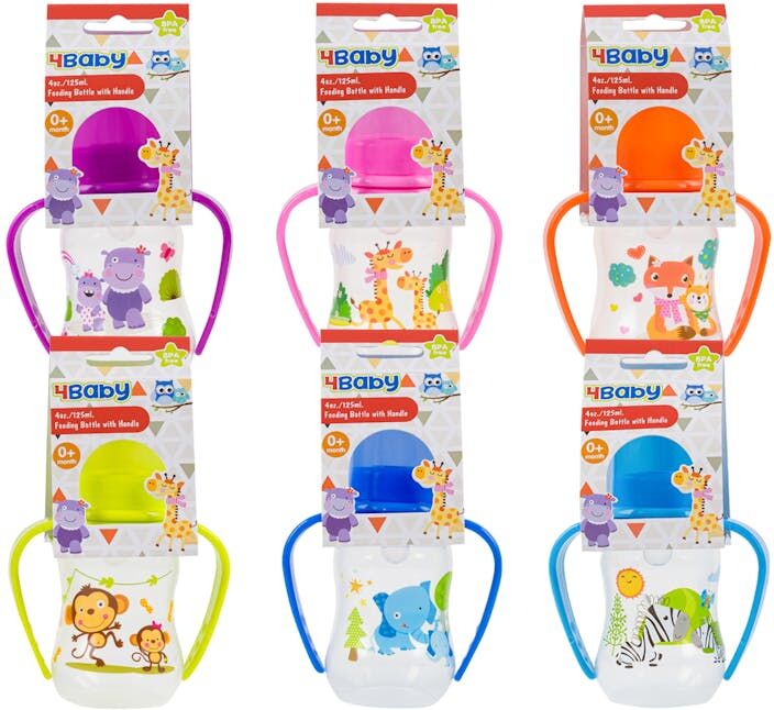 Baby Bottles with Handles - Assorted Colors  4 oz  Cover Cap