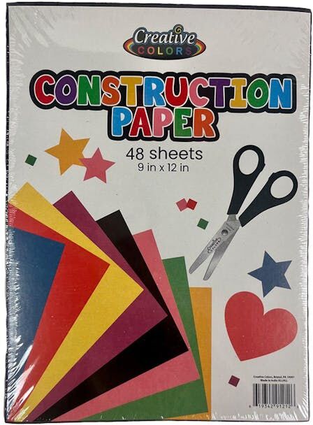 Construction Paper - 48 Sheets  Assorted Colors  9" x 12"