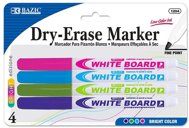 Dry-Erase Markers - 4 Pack  Assorted Bright Colors