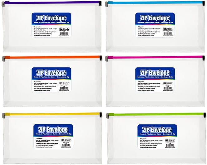 Clear Coupon/Check Size Zip Envelopes - Assorted Zipper Colors