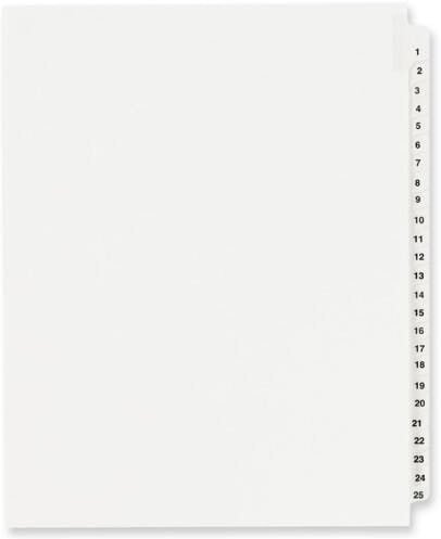 Index Dividers - Numbered 1-25  White