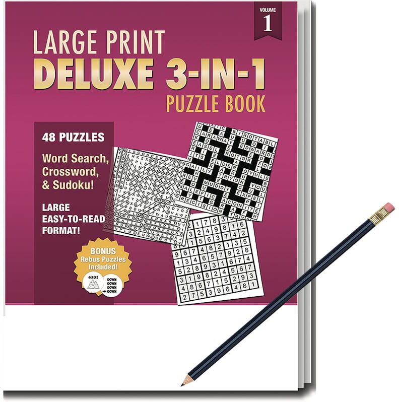 Deluxe 3-in-1 Puzzle Books - Large Print  Pencil Included