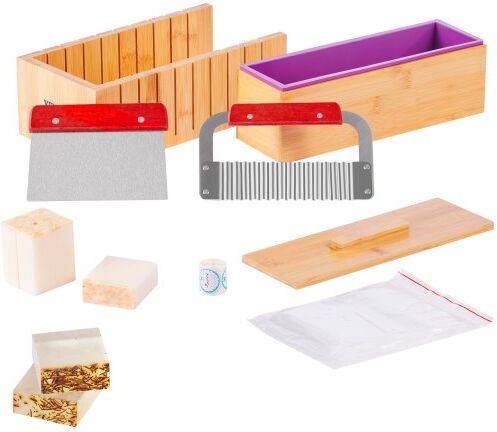 VEVOR Soap Making Kit, Bamboo Cutting Box and Inner Box with Silicone Mold, Stainless Steel Straight Cutter and Wavy Cutter, 100 Bags and 105 Stickers, Soap Making Supplies DIY Kits for Adults