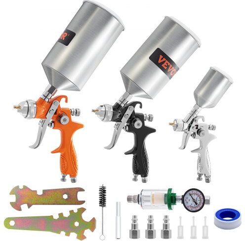 VEVOR 11 Piece Spray Gun Set, Professional Gravity Feed Piant Sprayer 2 Full Size, 1 Detail with 1.0mm 1.4mm 1.8mm Nozzles, 1000cc Copper Cup, Air Regulator & Gauge for Furniture, Fence, Car, Garden